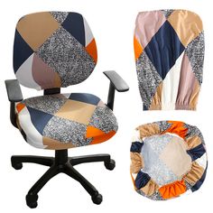 an office chair covered in colorful fabric with the seat cover pulled up to show it's back