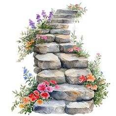 a watercolor painting of a stone wall with flowers growing out of the top and bottom