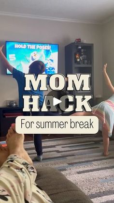 a man and woman are watching television in their living room with the caption mom hack for summer break