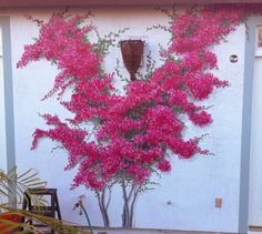 a painting on the side of a building with pink flowers