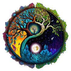 a painting of a tree and moon in the middle of a yin - yang symbol