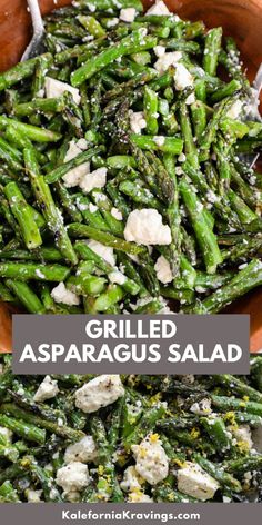 grilled asparagus salad with feta cheese in a wooden bowl on a table