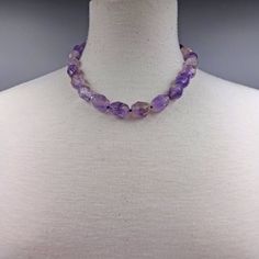 "Necklace length: 18\"L with 1.5\"L extender. Major beads: -Labradorite: faceted barrel shaped. -Amethyst: faceted barrel shaped. -Prehnite: faceted barrel shaped. -Lapis Lazuli: faceted barrel shaped.. Style: Beaded semi-precious stone necklace. Color: -Labradorite: Blue and multi-color. -Amethyst: Purple and Lavender. -Prehnite: Gren. -Lapis Lazuli: Blue. Clasp: 13MM sterling silver lobster clasp and closed jump ring. Finding: N/A. Workmanship: Hand beaded, and each bead is knotted in mixed co Hand Beaded Necklace, Twist Beads, Hand Knotted Necklace, Sweet Necklace, Necklace Chunky, Necklace Gemstone, Amethyst Purple, Knot Necklace, Chunky Necklace