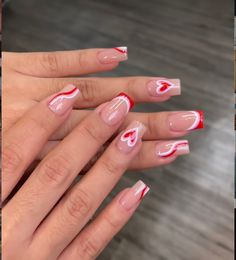 Valentines Nails Square, Cowboy Nails, Disney Acrylic Nails, Heart Nail Designs, February Nails, Fancy Nails Designs, Nail Designs Valentines, Work Nails, French Acrylic Nails