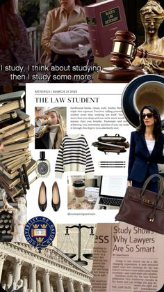 a collage of images including law students, books and other items