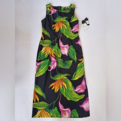 New With Tags - Sag Harbor Black Sundress With An Allover Tropical Flower Print. It Has Suspender Straps With Buttons And A Spare Button In Case. Size 6 Petite. 47" Long. Maxi Length Depending On Height, But Dress Is Petite. Hidden Zipper Up Back. Perfect For Summer! Wear To Work Under A Blazer In The Summer. Or Dress It Down With Leather Sandals And A Crossbody. Black Tropical Dress For Spring, Fitted Black Dress With Tropical Print, Black 2 Piece Dress, Multicolor Floral Dress, Black Flower Dress, Black Sundress, Flower Maxi Dress, Maxi Sundress, Denim Overall Dress