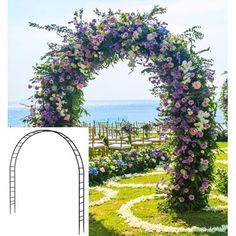 an arch covered in purple flowers next to the ocean and a photo of a garden