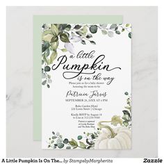 a little pumpkin is on the way baby shower card with greenery and white pumpkins