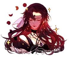 an anime character with long hair and stars on her head, looking down at the ground