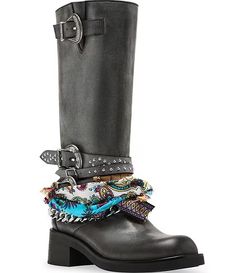 Steve Madden Rebel Chain Buckle Distressed Leather Scarf Detail Tall Moto Boots | Dillard's Boots Bracelets, Chain Boots, Leather Scarf, Mom Shoes, Boot Chains, Madden Boots, Steve Madden Boots, Studded Boots, Distressed Leather