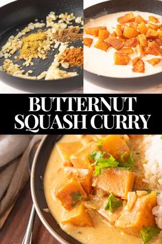 butternut squash curry in a skillet with rice and spices