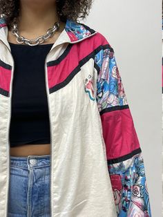 "Vintage 1980's windbreaker. Tag reads: Le Coq Sportif L shell - 100% nylon lining - 65% polyester 35% cotton Measurements: Bust: 50\" Waist: 42\" Shoulder: 25\" Sleeve: 22\" Length: 26\" In good vintage condition." Colorful Windbreaker, 80s Windbreaker, Hawaiian Print Shirts, Lime Green Shorts, Pink Abstract, Green Shorts, Short Sleeve Button Up, Floral Mini Dress, Abstract Floral