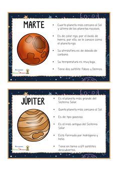 two posters showing planets and their names in spanish, with the caption's for each