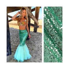 "ABOUT THE ITEM: This handmade mermaid skirt is made with a stretchy sequin fabric and soft lining on the inside. The sequin fabric and the lining are stretch so it contours the body beautifully and flows whimsically when you walk. The skirt is also made with an elastic waistband and is designed to fit comfortably so that the SEQUIN FABRIC DOES NOT TOUCH YOUR SKIN or cause irritation. This item FITS TRUE TO SIZE and graded to adhere to US industry standards. It's stunning in person! The pictures Green Sequin Fishtail Dress, Green Sequined Fishtail Dress, Green Fishtail Sequin Dress, Green Sequined Mermaid Dress For Prom, Glamorous Green Mermaid Dress, Green Sequin Mermaid Hem Dress, Mermaid Silhouette Prom Dress, Green Mermaid Evening Dress For Prom, Summer Beach Mermaid Dress