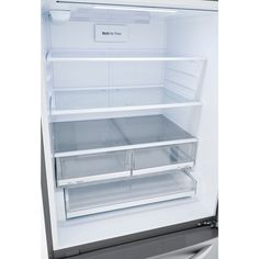 an empty refrigerator with the door open and no ice maker in it's place