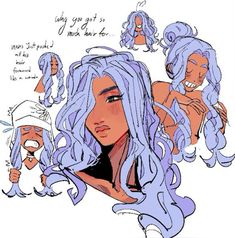 a drawing of a woman with long blue hair and various facial expressions on her face