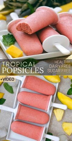 tropical popsicles are displayed on white plates