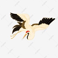 a crane flying through the sky with it's wings spread out and its beak open