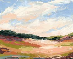 an abstract painting of green, orange and pink hills with clouds in the sky above