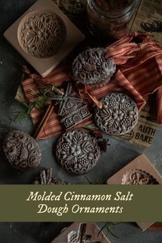 molded cinnamon salt dough ornaments with text overlay that reads molded cinnamon salt dough ornaments