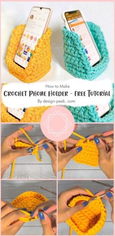 the crochet phone holder is shown with instructions to make it look like a purse