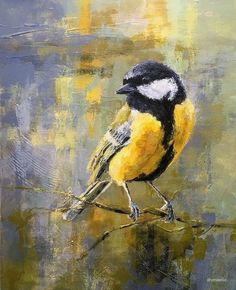 a painting of a bird perched on a branch with yellow and black colors in the background