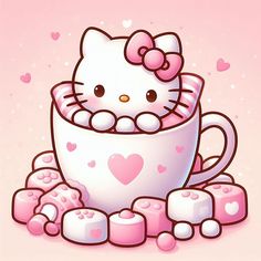 a hello kitty coffee cup surrounded by marshmallows