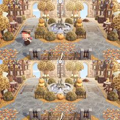 an image of a table and chairs in the middle of a room with pumpkins on it