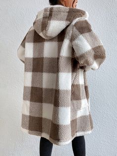 EMERY ROSE Abrigo con estampado de cuadros con parte delantera abierta con capucha de franela | SHEIN USA Flannel Coat, Girls Party Wear, Drop Shoulder Hoodie, Buffalo Plaid Pattern, Hooded Flannel, Teen Girl Dresses, Teddy Coat