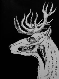 a black and white drawing of a deer with horns on it's head in the dark