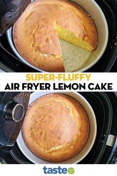 two photos of a cake in the air fryer with one slice cut from it