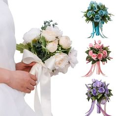 the bride is holding her wedding bouquet in four different colors and styles, including pink, white, blue, and purple