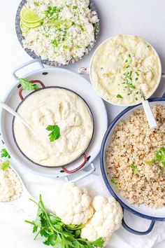 several different types of food on plates with spoons and utensils next to them