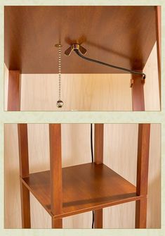 two pictures of a wooden shelf with a phone on the top and an electrical cord attached to it