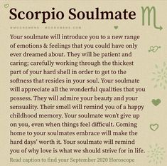 a poem written in green and white with the words scorpio soulmate on it