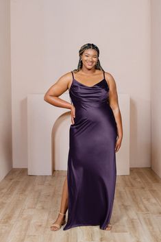 Model: Ashtyn; Size: 20 Tall Classic Gown, Wedding Parties Colors, Bridesmaid Dress Colors, Cowl Neckline, Colorful Party, Dress Silhouette, Satin Dress, Color Swatches, Bra Cups