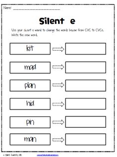 a worksheet with the words silent e and an image of a word that has been