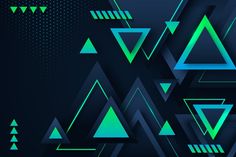 an abstract blue and green background with triangle shapes in the middle, on dark blue