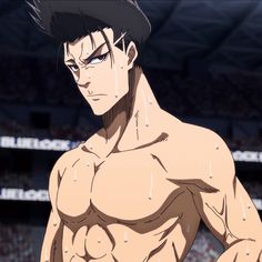 an anime character with no shirt on standing in front of a stadium full of people