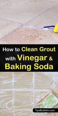 the words how to clean grout with vinegar and baking soda on top of a tile floor