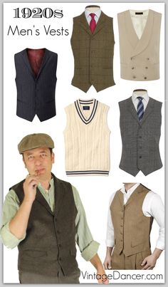 Roaring 20s, Great Gatsby, 1920s style men's vests and waistcoats at Vintagedancer.com 1920s Men Accessories, Mens Gatsby Attire, Roaring 20s Costume Men, Gatsby Attire For Men, 1920s Mobster Men, 1920s Suits For Men, 1920s Men’s Clothing, 1920s Mens Fashion Gatsby Roaring 20s, Mens Roaring 20s Outfit