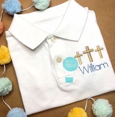 "This polo shirt is the perfect shirt to help your little one celebrate Easter! Embroidery will be placed on a white short sleeve polo shirt. Please check the measurement chart for the correct fit. Please note that colors may vary slightly due to lighting and/or your computer monitor settings. I do my best to provide an accurate representation of colors. Embroidery is backed with a soft backing to provide sensitive skin protection from scratchy stitches. For best results, turn item inside out an Embroidery Easter, Jesus Easter, Easter Applique, Cross Jesus, Easter Embroidery, Embroidered Polo Shirts, Boys Easter, Jesus On The Cross, Measurement Chart