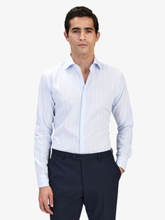 Men’s striped shirts - Light blue striped shirt.
Add a little extra detail to your looks with a striped shirt and pair it with your favorite workwear outfit. Whatever your style, add some interest with a striped men's shirt. 

Striped shirts are timeless for both formal and casual occasions. Go ahead and add an eye-catching edge to formal and casual ensembles with our striped shirts
Material: 100% Cotton Blue Dress Shirt With Striped Collar For Work, Formal Striped Slim Fit Dress Shirt, Blue Shirt With Striped Collar For Office, Blue Office Shirt With Striped Collar, Semi-formal Striped Shirt With Striped Collar, Striped Slim Fit Dress Shirt For Business, Blue Striped Shirt For Work, Blue Vertical Stripe Shirt For Work, Pinstripe Top With Striped Collar For Business Casual