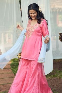 Pink kurta with sequin and thread embroidery. Paired with a sharara and dupatta. - Aza Fashions Fitted Slub Silk Dupatta With Mirror Work, Fitted Slub Silk Salwar Kameez With Mirror Work, Festive Fitted Slub Silk Sharara, Slub Silk Sharara For Party, Embellished Raw Silk Palazzo Set For Festivals, Fitted Slub Silk Sharara For Festivals, Fitted Chanderi Embellished Sharara, Fitted Embroidered Tissue Silk Palazzo Set, Embroidered Slub Silk Sharara For Party