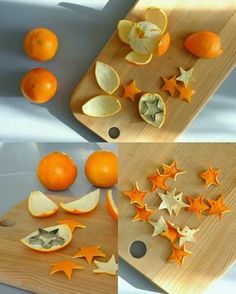 oranges cut up and placed on a cutting board with star shaped fruit in them