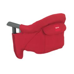 a red baby seat that is attached to the back of a chair