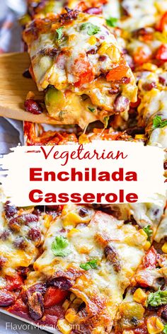 vegetarian enchilada casserole on a plate with a wooden spatula