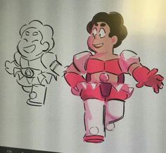 a drawing of a cartoon character next to an image of a man in pink and white