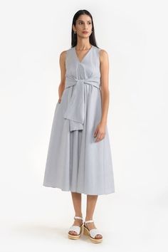 Blue midi front belted dress with stripe pattern and side pockets. - Aza Fashions Neck Pattern, Belted Dress, Women Dresses, Aza Fashion, Stripes Pattern, Dresses Midi, V Neck, Womens Dresses, Pattern