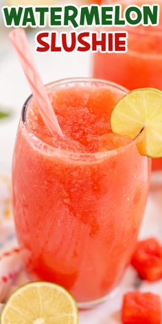 watermelon slushie in a glass garnished with lime